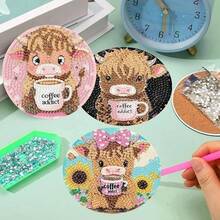 8件套钻石画杯垫套装，可爱小牛主题，DIY亚克力水晶钻石，防滑耐热，是家居装饰和手工制作的理想之选，耐用木质材料 - 彩色 - 查看 2
