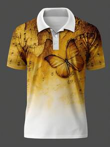 Men's Retro Music Note & Butterfly Print Short Sleeve Polo Shirt - Multicolor - View 2