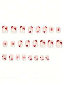 24pcs Y2K Nude Pink Short Square False Nails, Red Heart & White Polka Dot Design, Full Cover Fake Nail Set, Includes 1 Nail File & 1 Nail Glue Sticker, Suitable As Manicure Gift For Girls & Moms, Also Suitable For Wholesale Nail Supplies, Can Be Worn For Holidays, Parties, Dates And Daily Use. - 粉色 - 查看 2