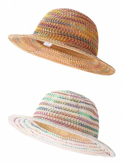 1顶彩虹条纹钩针渔夫帽，镂空针织彩色条纹设计，清新甜美，适合春夏外出和通勤的遮阳帽，充满青春气息的装饰帽，适合日常休闲穿着。