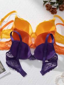 3pcs/Set Multicolor Lace Eyelash Sexy Push-Up Underwire Bra - Multicolor - View 2