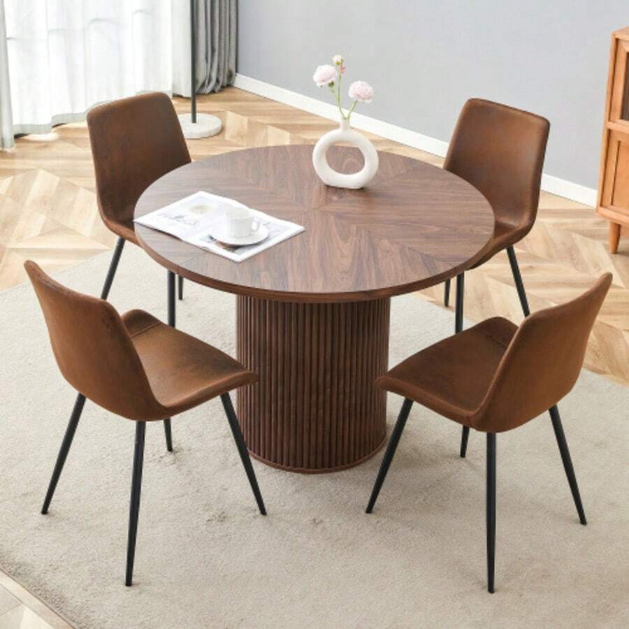 Minimalistic Rundtisch-Set Mit 1 Tisch Und 4 Stühlen.Runder Esstisch Aus MDF Mit 100 Cm Durchmesser In Nussbaumholzoptik.Combiniert Mit 4 Stühlen Aus High-Tech-Stoff Und Verbreiterter Sitzfläche. - Redwood - View 1