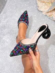 女士时尚高跟鞋，女士高跟凉鞋，不对称高跟凉鞋，在中东和欧洲流行，时尚尖头礼服高跟鞋，饰有闪亮水钻，新款6字形不对称高跟鞋，优雅性感轻便高跟穆勒凉鞋，适合婚礼、派对、性感场合、情人节，黑色高跟鞋 - 黑色 - 查看 10