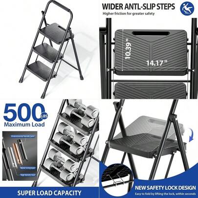 Folding 3 Step Ladder, Portable Ladder For MultiPurpose, Home, Kitchen, Heavy Sturdy Steel Step Stool With AntiSlip Wide Pedals, Handrail, SafeLock Design, Pass 500lbs Load Testing, Black