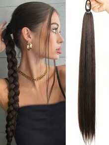 Extensiones de coleta trenzada con banda elástica, extensiones de coleta negras, postizos de coleta para mujeres de 26 pulgadas de largo, rectos, suaves, de fibra sintética natural resistente al calor (color del cabello: negro natural, marrón claro, marrón oscuro, negro parduzco) - Multicolor - Ver 9