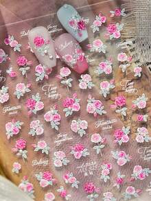 1片粉色玫瑰珍珠浪漫花园玫瑰盛开花瓣5D优雅花卉美甲贴纸，女士自粘美甲装饰贴纸 - 彩色 - 查看 3