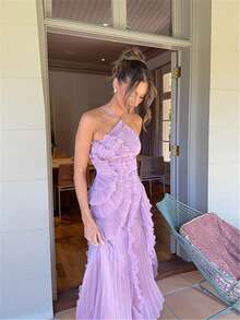 Women Ruffle Hem Pleated Sheer Mesh Long Maxi Dress Sleeveless Halter Neck Irregular Tiered Flowy Long Maxi Dresses For Wedding Guest Summer Holiday Beachwear - Màu tím - Xem 3