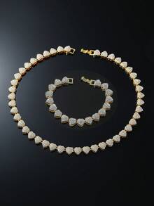 1pc Women's 11mm Wide Full Crystal Heart Pendant Necklace & Bracelet Set - Style a - View 1