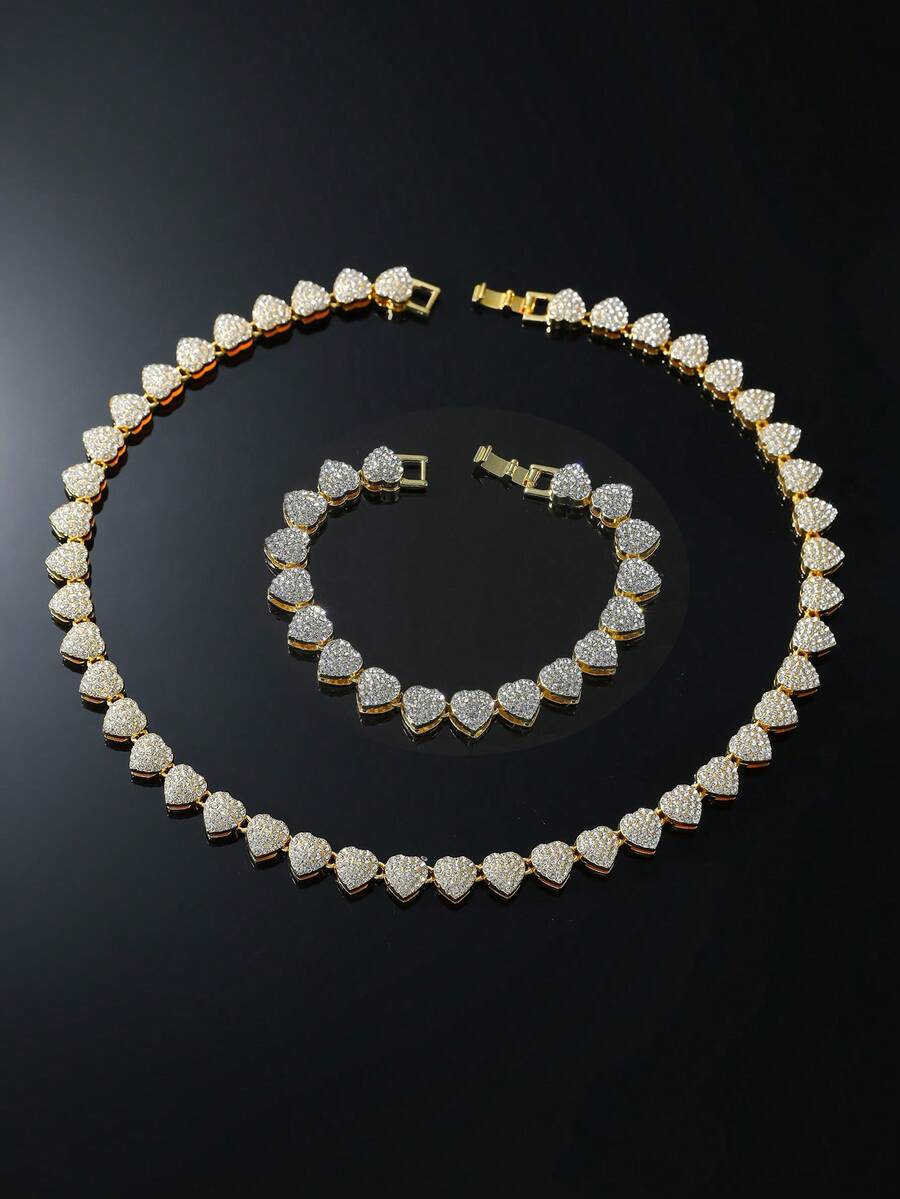 1pc Women's 11mm Wide Full Crystal Heart Pendant Necklace & Bracelet Set - Style a - View 1