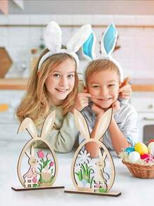 2件创意木制镂空兔子装饰品，人造木制复活节装饰品，粉色和蓝色，DIY木制复活节彩蛋切片装饰品，通用节日装饰，无需用电，适合无羽毛装饰品。 - 彩色 - 查看 4