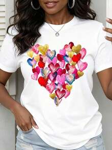 Women's Colorful Heart Print T-Shirt, Fashionable Valentine's Day Casual Top - trắng - Xem 1