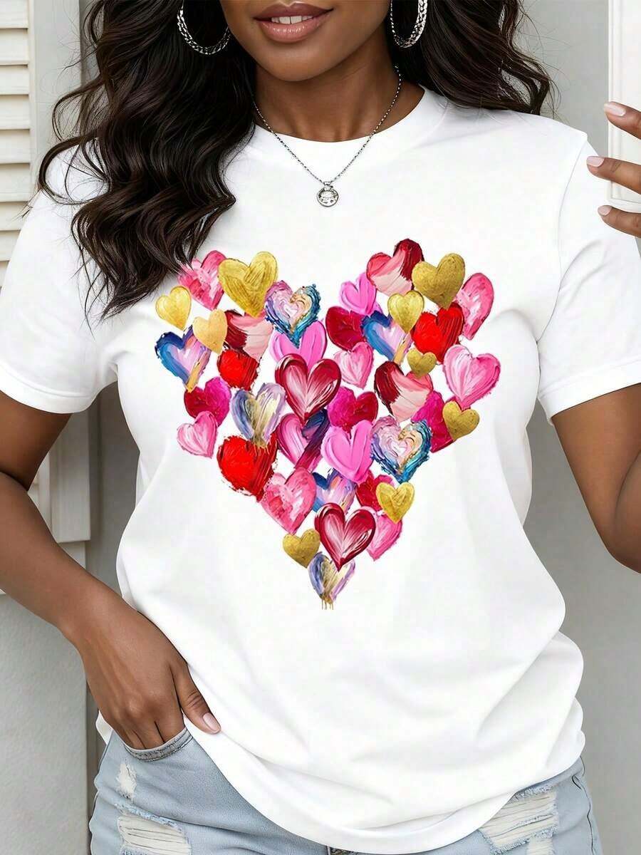 Women's Colorful Heart Print T-Shirt, Fashionable Valentine's Day Casual Top - trắng - Xem 1