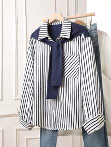 女士长袖条纹衬衫，宽松版型，可拆卸领子，四季皆宜 - 藍白色 - 查看 3