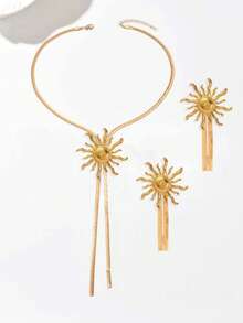 2pcs/Set New Creative Middle Eastern Sunflower Long Tassel Y-Shape Minimalist Elegant Gold Jewelry Set, Combining Chain And Sunflower Design, Metallic, Suitable For European & American Party Outfits And Occasions - Yellow Gold - View 3