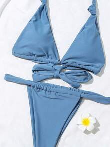 2pcs/Set Women's Sexy Ruched Lace Backless Beach Bikini For Summer Vacation - Dusty Blue - View 4