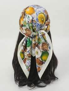 1条女士休闲柠檬印花围巾/头巾，春夏时尚发饰，非常适合海滩派对、假日度假和音乐节。