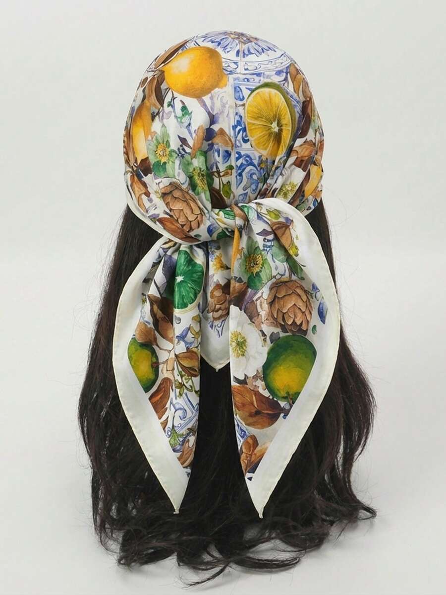 1条女士休闲柠檬印花围巾/头巾，春夏时尚发饰，非常适合海滩派对、假日度假和音乐节。