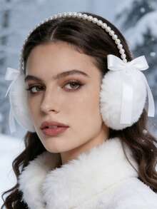 1pc Fluffy Bow Ear Muffs For Women, Cute Plush Winter Ear Warmers, Foldable Ear Covers, Ear Protection, Suitable For Valentine's Day - Multicolor - View 3