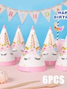 6pcs Unicorn Print Party Hat, Cartoon Cute Headwear For Birthday Party - Multicolor - View 5