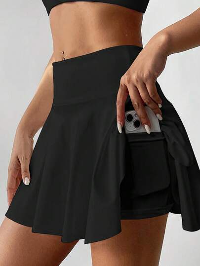 1 pieza Falda deportiva para mujer de talla grande, falda pantalón de cintura alta elástica para ejercicio, running, fitness, golf, tenis, ajuste ceñido, estilizadora con bolsillos