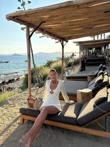 Women's Hollow Out Beach Vacation Dress With Ring, Long Sleeve Knit Cover Up, Slim Fit, Versatile & Fashionable For Summer - Apricot - View 3