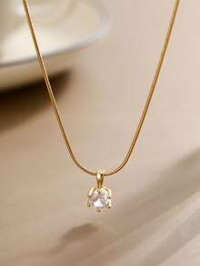 Nooxian 1pc Women's Pendant Necklace, Minimalist Layered Style, Stainless Steel Cubic Zirconia Round Pendant Necklace, Versatile Daily Wear & Gift Accessory - Yellow Gold - View 4