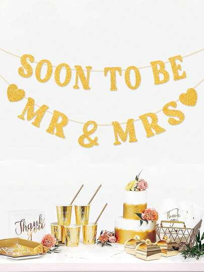 Gold Soon To Be Mr & Mrs Decorative Banner - Sparkling Mr & Mrs Wedding Party Heart Banner - Suitable For Wedding, Engagement Party, Bachelorette Party Background Decoration Supplies