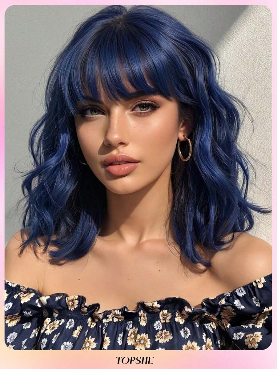 TOPSHE 12 Inch Blue Short Curly Wig With Bangs, Heat Resistant Synthetic Wig, Elegant Ladies Wig, Natural Looking, Suitable For Daily Wear, Halloween, Christmas, Cosplay, Valentine's Day, Gift, Carnival Costume