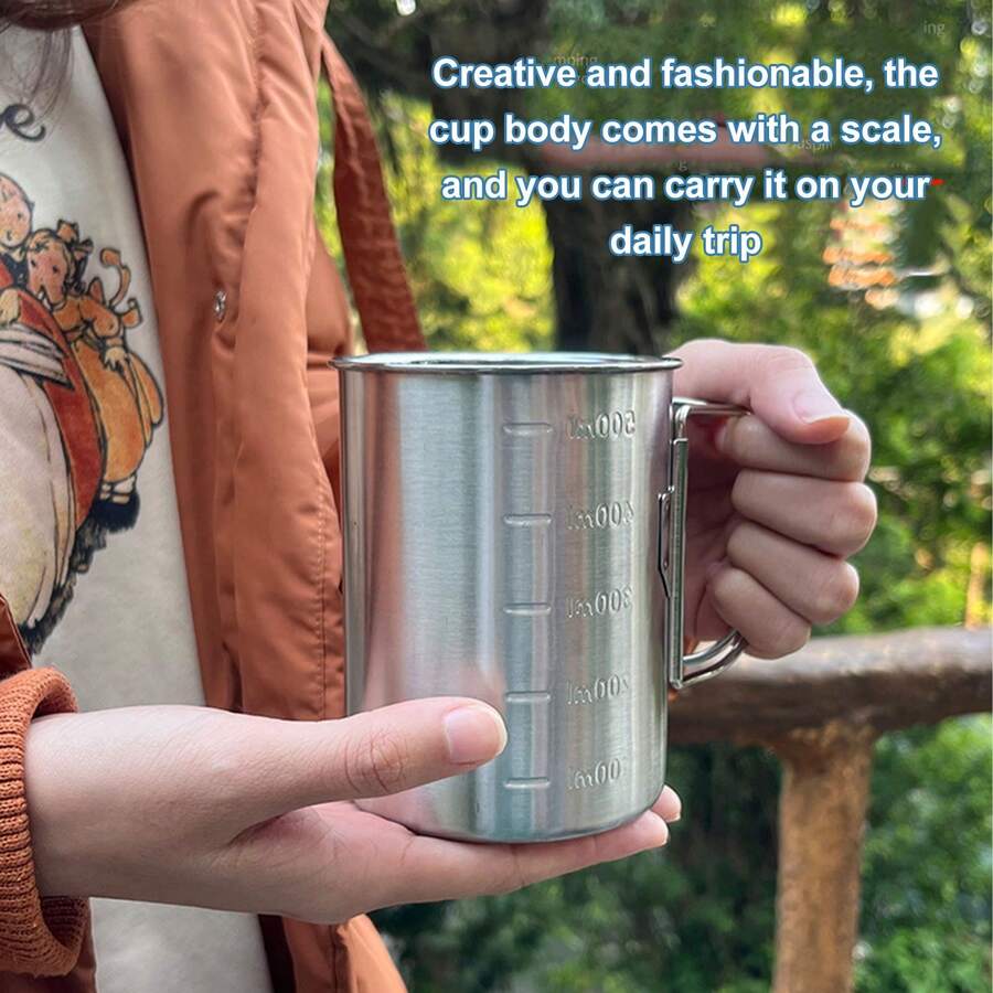 500ml Stainless Steel Camping Mug With Lid, Rust Resistant, With Scale And Collapsible Design For Hiking And Outdoor Adventures.