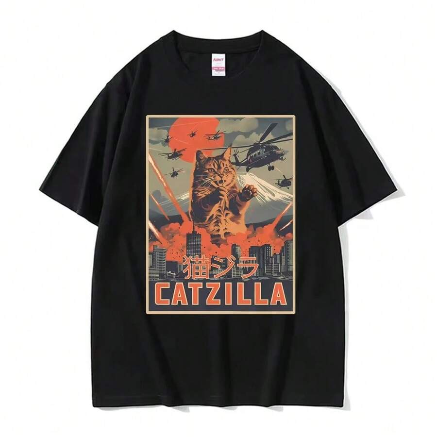 Camiseta clásica de moda, ropa de calle unisex, camiseta de verano de manga corta, camiseta retro con patrón de póster de la película Catzilla japonesa - Negro - Ver 1