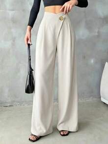 Quần ống rộng thời trang nữ bằng chất liệu polyester, có khóa kéo, cúc và túi, không co giãn, phù hợp mặc hàng ngày, màu trắng, thích hợp cho mùa xuân. - trắng - Xem 6