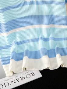 Áo len dệt kim cổ chữ V phối sọc xanh thời trang dành cho nữ, mẫu mới mùa hè, áo thun gân sọc kiểu sinh viên. - Xanh và trắng - Xem 5