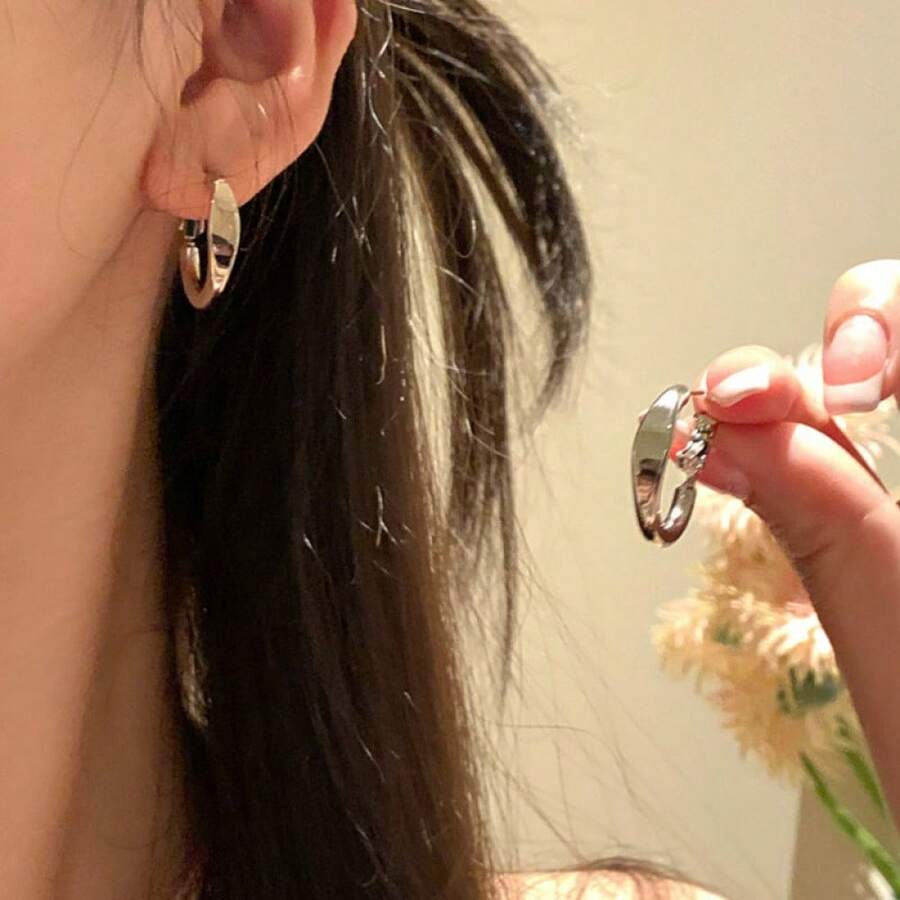 1Pair-Ins Minimalist Hoop Earrings, Stud Earrings, Niche Design High-End Ear Cuffs For Women, Gift For Girlfriend - 1 đôi - Màu bạc - Xem 1