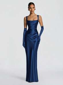 Elegant Satin Cinched Waist Bodycon Slip Dress, Long Gown For Halloween Party, Cocktail Party, Christmas Party - Navy Blue - View 6