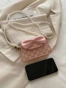 1pc Young Girl Casual Fashion Bow Quilted Pearl Chain Crossbody Bag, Suitable For Daily Use - 5011# - View 5