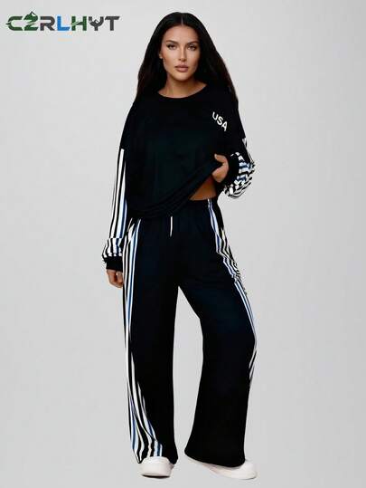 CZRLHYT 2 st kvinnor utomhusmode randig kontrastfärg rund hals t-shirt och långbyxor set höstkläder för kvinnor