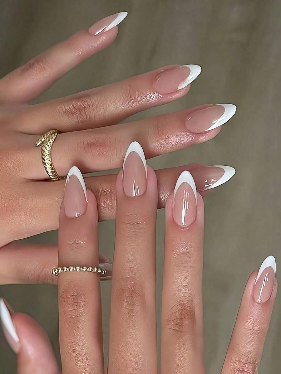 24pcs French Short Oval-Shaped False Nails And Designed White French Nail Tips False Nails With Lustrous Full-Coverage Nail Jelly Glue. Cute Artificial Nail Art For Women, Suitable For Daily Wear And Holiday Gatherings - 彩色 - 查看 1