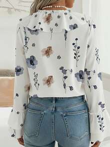 ChicMe Damen Bluse mit Wasserfarben Blume Muster, Rüschen, V-Ausschnitt, Langarm, Bindeband, lässig, locker, geschichtete Glockenärmel - Weiss - Übersicht 2