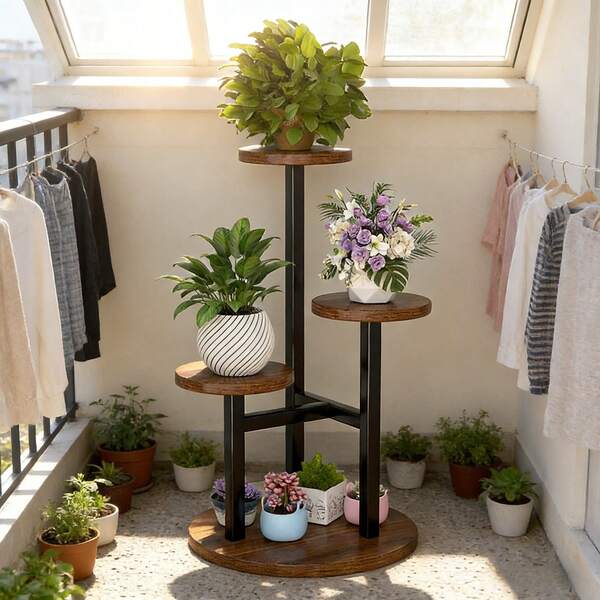 4-Tier Metal & Wood Plant Stand, Minimalist Solid Color Corner Multi-Layer Indoor/Outdoor Flower Pot Rack, Suitable For Balcony, Garden, Patio
