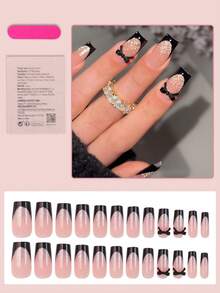 24片渐变亮黑色法式美甲贴纸，金色闪粉蝴蝶结装饰，奢华全覆盖款式，适合女性和女孩日常佩戴、约会、情人节等场合。 - 黑色 - 查看 2