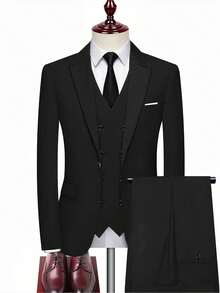 三件套优雅男士西装 - 修身西装外套、马甲和西裤，适合办公室会议和正式场合，正装 | 修身西装 | 耐穿婚礼服 - 黑色 - 查看 2