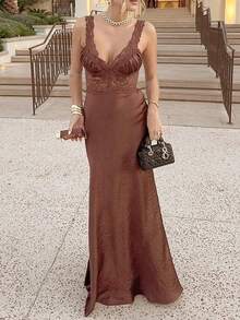 Robe d'été sexy pour femmes en dentelle marron dos nu, robe de soirée longue à ourlet de sirène pour concert, robe de soirée élégante en tricot transparent - Tabac - Voir 14