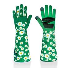 1 Pair Long Gardening Gloves With Breathable & Puncture-Resistant Fabric, Floral Print, Suitable For All Seasons - Green - View 1
