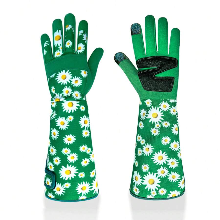 1 Pair Long Gardening Gloves With Breathable & Puncture-Resistant Fabric, Floral Print, Suitable For All Seasons - Green - View 1