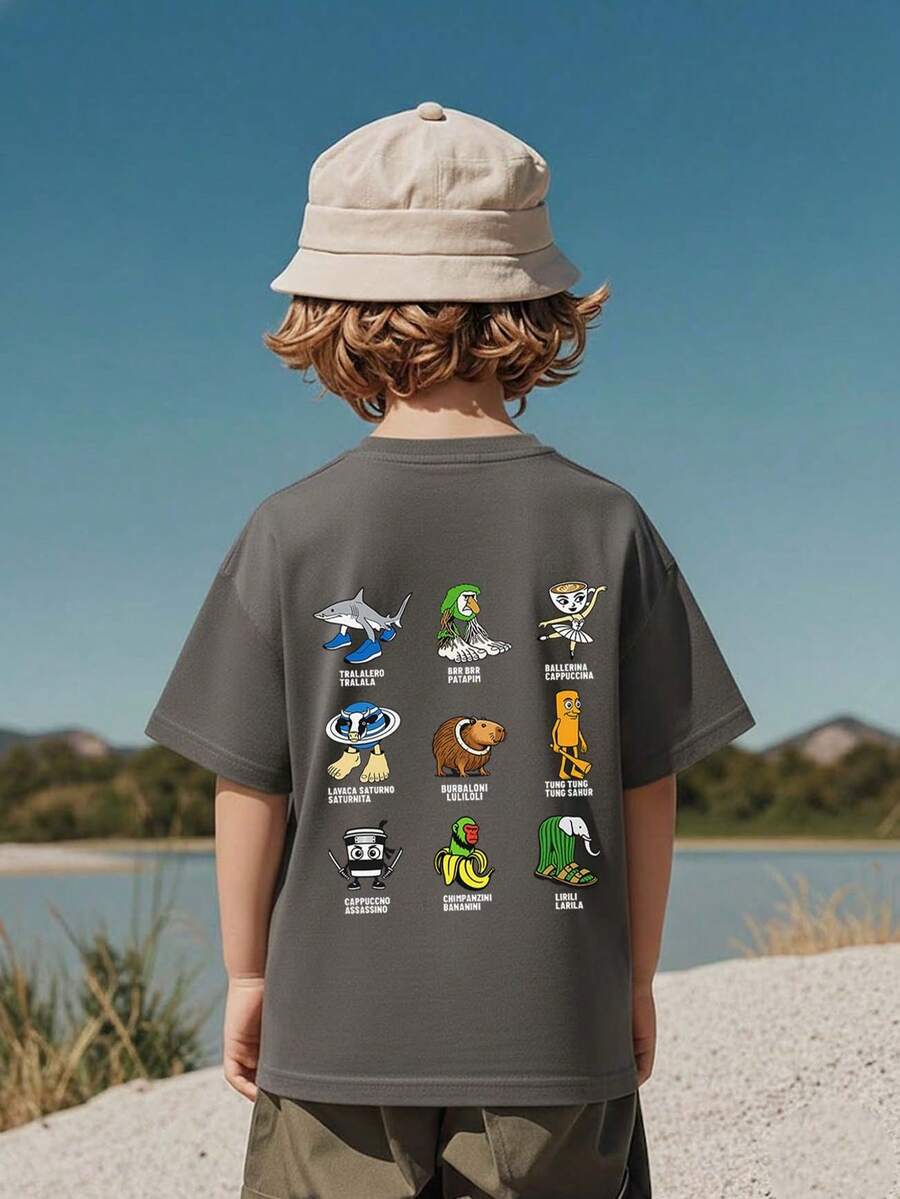 Young Boy Casual Graphic Print Crew Neck Short Sleeve T-Shirt, Summer Top