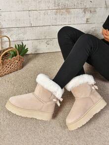 Women's Fashion Versatile Patchwork Metal Buckle Zipper Solid Color Round Toe Short Ankle Buckle Strap Chunky Heel Short Boots, Fashionable Casual Daily Wear, Suede, Autumn/Winter,Fur Boots - 米色 - 查看 5