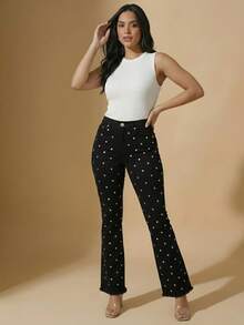 pthirillo Women's Black Flare Jeans With High-Waisted Butt-Lifting Effect And Rhinestone Detail. - 鏡子標誌 - 查看 6