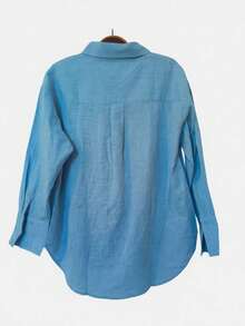 Women's Long-Sleeved Linen Shirt - 天藍色 - 查看 2