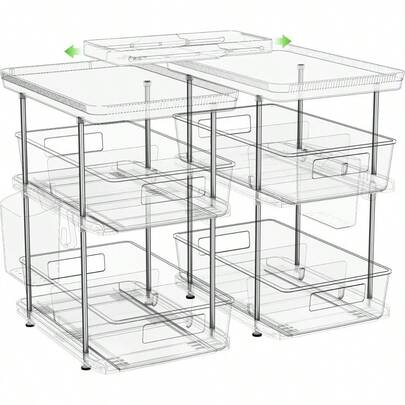 2 Sets 3 Tier Clear Bathroom Organizers, Pull Out Organizer And Storage With 2 Cups, Slide Out Drawer Storage Container With 6 Dividers, Multi-Purpose Bathroom Organizer, Kitchen Under Sink Organizer