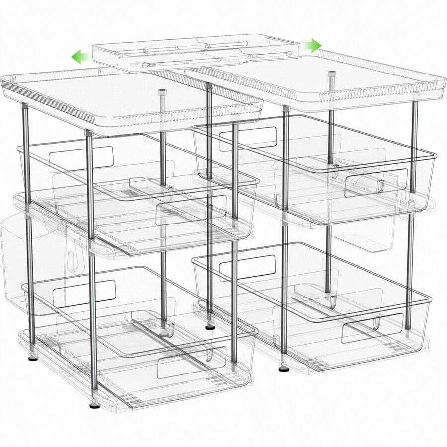 2 Sets 3 Tier Clear Bathroom Organizers, Pull Out Organizer And Storage With 2 Cups, Slide Out Drawer Storage Container With 6 Dividers, Multi-Purpose Bathroom Organizer, Kitchen Under Sink Organizer - 白色 - 查看 1
